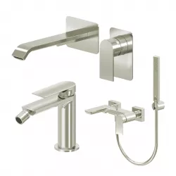 Set miscelatore lavabo a muro canna 20 e bidet con esterno vasca spazzolato – Iota