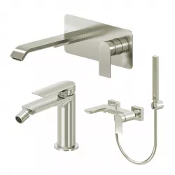 Set miscelatore lavabo a muro canna 20 con piastra e bidet con esterno vasca spazzolato – Iota