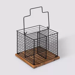 Portaposate 18x29h cm in metallo nero e legno di acacia con manico