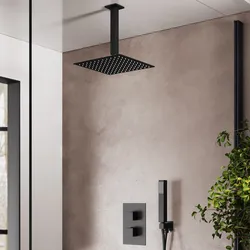 Set incasso doccia termostatico con deviatore con braccio a soffitto 20 cm e soffione 25x25 cm nero – Wing