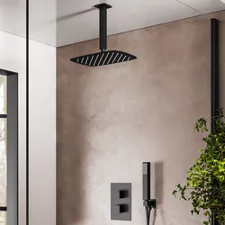 Set incasso doccia termostatico con deviatore con braccio a soffitto 20 cm e soffione 30x20 cm nero – Wing