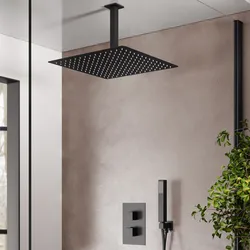 Set incasso doccia termostatico con deviatore con braccio a soffitto 20 cm e soffione 30x30 cm nero – Wing