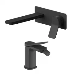 Set miscelatore lavabo a muro canna 20 con piastra e bidet nero – Wing