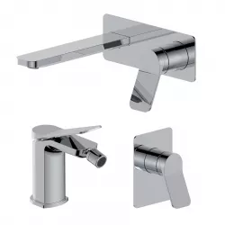 Set miscelatore lavabo a muro canna 20 con piastra e bidet con incasso doccia cromo – Wing