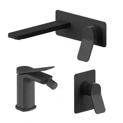 Set miscelatore lavabo a muro canna 20 con piastra e bidet con incasso doccia nero – Wing