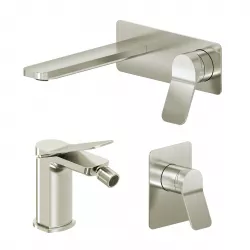 Set miscelatore lavabo a muro canna 20 con piastra e bidet con incasso doccia spazzolato – Wing