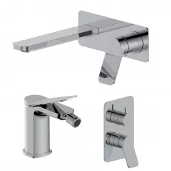 Set miscelatore lavabo a muro canna 20 con piastra e bidet con incasso doccia con deviatore cromo – Wing