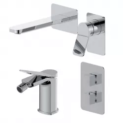 Set miscelatore lavabo a muro canna 20 e bidet con incasso doccia termostatico con deviatore cromo – Wing