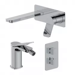 Set miscelatore lavabo a muro canna 20 con piastra e bidet con incasso doccia termostatico con deviatore cromo – Wing