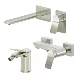 Set miscelatore lavabo a muro canna 25 e bidet con esterno doccia spazzolato – Wing