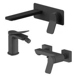 Set miscelatore lavabo a muro canna 20 con piastra e bidet con esterno doccia nero – Wing