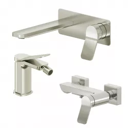 Set miscelatore lavabo a muro canna 20 con piastra e bidet con esterno doccia spazzolato – Wing