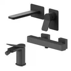 Set miscelatore lavabo a muro canna 20 e bidet con esterno doccia termostatico nero – Wing