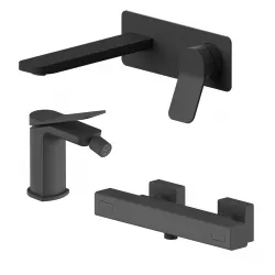 Set miscelatore lavabo a muro canna 20 con piastra e bidet con esterno doccia termostatico nero – Wing