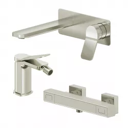 Set miscelatore lavabo a muro canna 20 con piastra e bidet con esterno doccia termostatico spazzolato – Wing