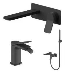 Set miscelatore lavabo a muro canna 20 con piastra e bidet con esterno vasca nero – Wing