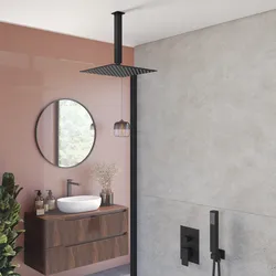 Set incasso doccia con deviatore con braccio a soffitto 20 cm e soffione 25x25 cm nero – Kyria
