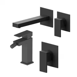 Set miscelatore lavabo a muro canna 20 e bidet con incasso doccia nero – Kyria