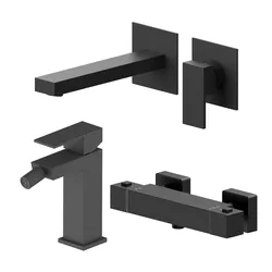 Set miscelatore lavabo a muro canna 20 e bidet con esterno doccia termostatico nero – Kyria