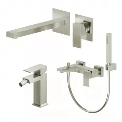 Set miscelatore lavabo a muro canna 25 e bidet con esterno vasca spazzolato – Kyria