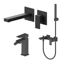 Set miscelatore lavabo a muro canna 20 e bidet con esterno vasca nero – Kyria