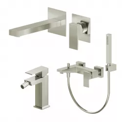 Set miscelatore lavabo a muro canna 20 e bidet con esterno vasca spazzolato – Kyria