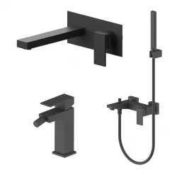 Set miscelatore lavabo a muro canna 20 con piastra e bidet con esterno vasca nero – Kyria