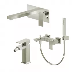 Set miscelatore lavabo a muro canna 20 con piastra e bidet con esterno vasca spazzolato – Kyria