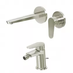 Set miscelatore lavabo a muro canna 20 cm e bidet con scarico spazzolato – Lir