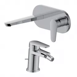 Set miscelatore lavabo a muro canna 20 cm con piastra e bidet con scarico cromo – Lir