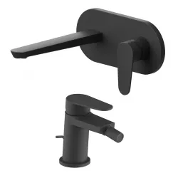 Set miscelatore lavabo a muro canna 20 cm con piastra e bidet con scarico nero – Lir