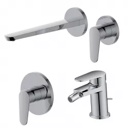 Set miscelatore lavabo a muro canna 25 cm e bidet con scarico con incasso doccia cromo – Lir