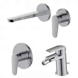 Set miscelatore lavabo a muro canna 20 cm e bidet con scarico con incasso doccia cromo – Lir