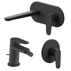 Set miscelatore lavabo a muro canna 20 cm con piastra e bidet con scarico e incasso doccia nero – Lir