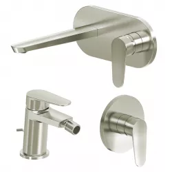 Set miscelatore lavabo a muro canna 20 cm con piastra e bidet con scarico e incasso doccia spazzolato – Lir