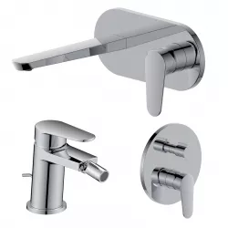 Set miscelatore lavabo a muro canna 20 cm con piastra e bidet con scarico e incasso doccia con deviatore cromo – Lir