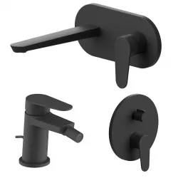 Set miscelatore lavabo a muro canna 20 cm con piastra e bidet con scarico e incasso doccia con deviatore nero – Lir