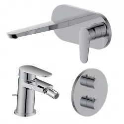 Set miscelatore lavabo a muro canna 20 cm con piastra e bidet con scarico e incasso doccia termostatico con deviatore cromo – Lir