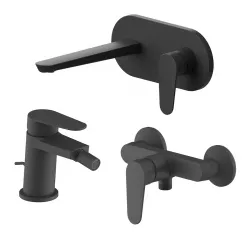 Set miscelatore lavabo a muro canna 20 cm con piastra e bidet con scarico con esterno doccia nero – Lir