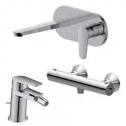 Set miscelatore lavabo a muro canna 20 cm con piastra e bidet con scarico con esterno doccia termostatico cromo – Lir