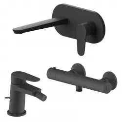 Set miscelatore lavabo a muro canna 20 cm con piastra e bidet con scarico con esterno doccia termostatico nero – Lir