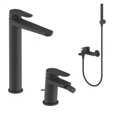 Set miscelatore lavabo alto e bidet con scarico con esterno vasca nero – Lir