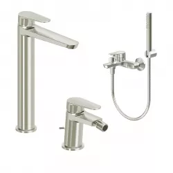 Set miscelatore lavabo alto e bidet con scarico con esterno vasca spazzolato – Lir