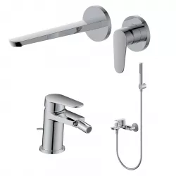 Set miscelatore lavabo a muro canna 25 cm e bidet con scarico con esterno vasca cromo – Lir