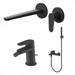 Set miscelatore lavabo a muro canna 25 cm e bidet con scarico con esterno vasca nero – Lir