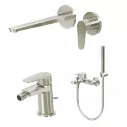 Set miscelatore lavabo a muro canna 25 cm e bidet con scarico con esterno vasca spazzolato – Lir