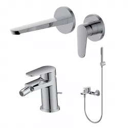 Set miscelatore lavabo a muro canna 20 cm e bidet con scarico con esterno vasca cromo – Lir