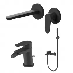 Set miscelatore lavabo a muro canna 20 cm e bidet con scarico con esterno vasca nero – Lir