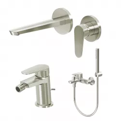 Set miscelatore lavabo a muro canna 20 cm e bidet con scarico con esterno vasca spazzolato – Lir