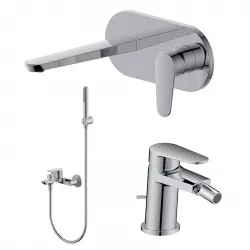 Set miscelatore lavabo a muro canna 20 cm con piastra e bidet con scarico con esterno vasca cromo – Lir